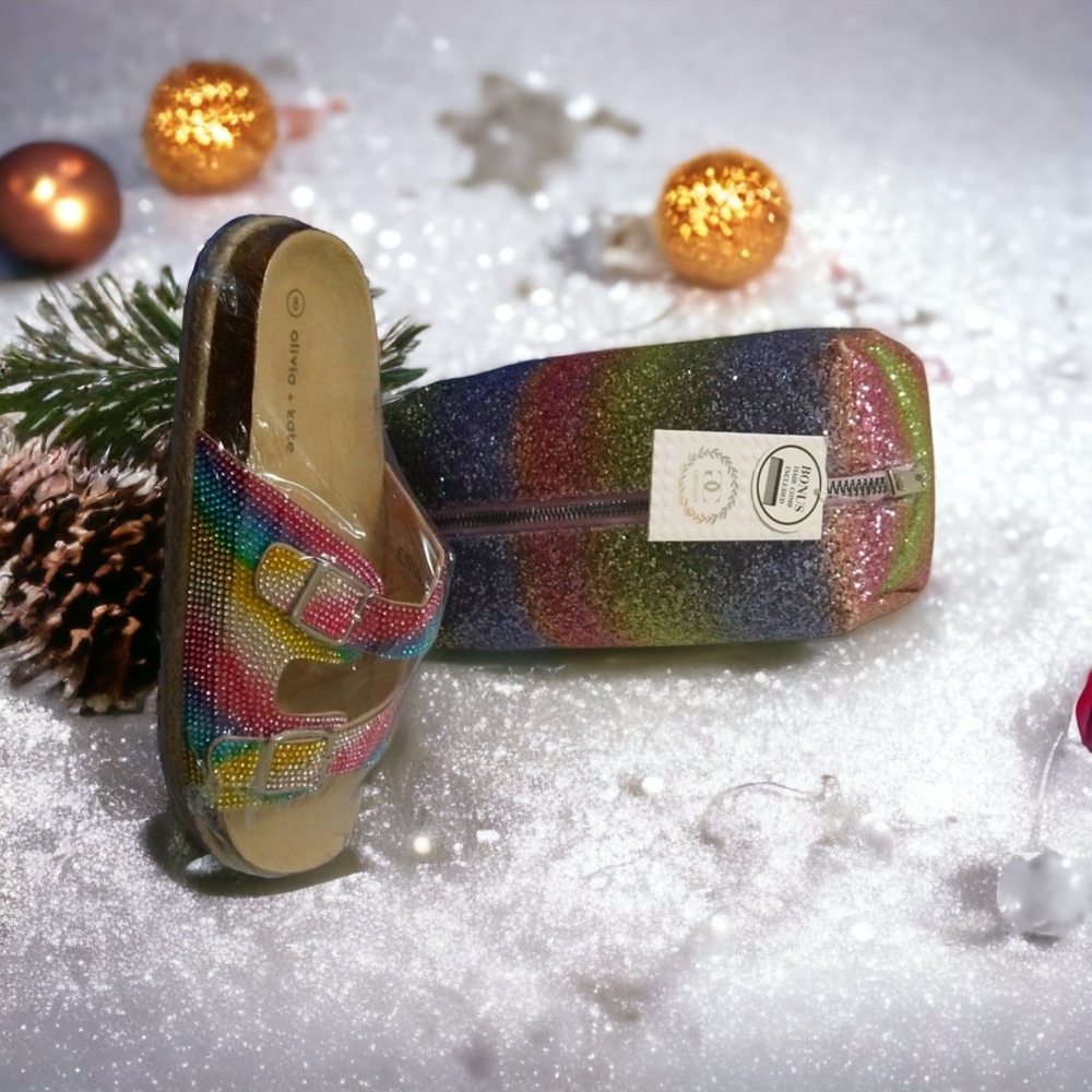 Multicolor Rainbow Crystal Birkenstock Style Flatbed Sandals